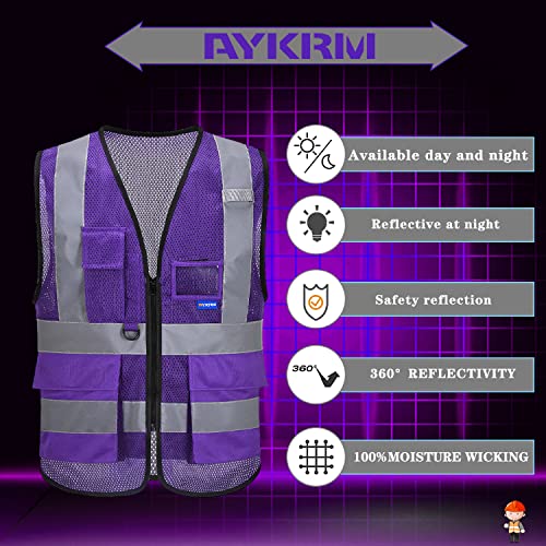 Image of High Visibility Mesh Vest with Clear ID Pocket, Zipper, Purple, L | Purple L mesh safety vest with reflective strips, mic tabs and 7 pockets for refinery technicians and laboratory safety.