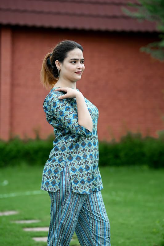 Image of Pure Cotton Printed Night Suits Set for Women | V Neck Night Wear Top and Pyjama Set for Girls