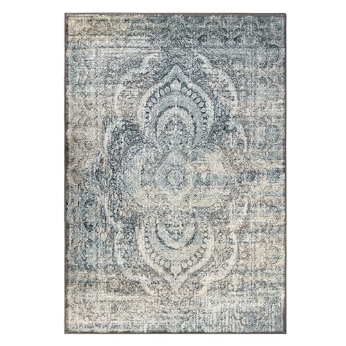 SUPERIOR Indoor Area Rug with Jute Backing, Soft Vintage Floor Decor for Hallway, Entryway, Living/Dining Room, Kitchen, Bedroom, Office, Moroccan Aesthetic, Salford Collection - 8ft x 10ft, Blue-beige