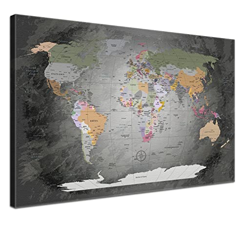 LANA KK - toile art « Mappemonde » carte du monde - babillard en liège français pour épingler vos destinations - monde encadrées en rouge terminé en...