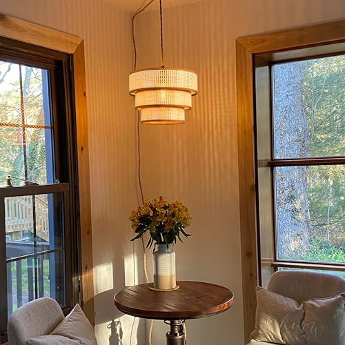 XININSUN Plug in Pendant Light Hanging Lights with15FT Plug in Cord Dimmable Rattan Hanging Lamp Wicker Woven Drum Lampshade,Rustic Boho Plug in Ceiling Light Fixture for Bedroom Living Room-1pack - Image 6