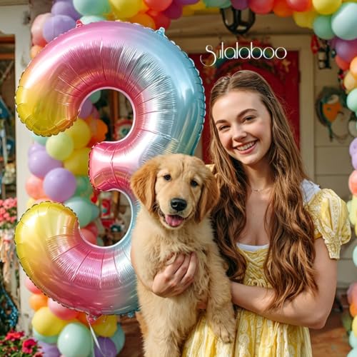 Image of Rainbow Gradient Number 3 Balloon 40 Inch Big Large Balloons 0-9 | 3rd Helium Foil Mylar Number Balloons for Birthday Anniversary Party Decorations