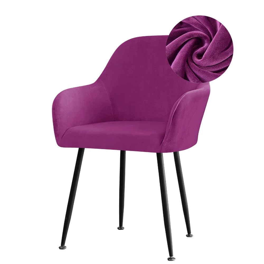 Highdi Stretch Dining Chair Covers Velvet Curved Back Chair Slipcovers with Armrest, Vanity Swivel Armchair Cover Removable Washable for Dining Room Wedding Party Hotel (Purple,1 PC)