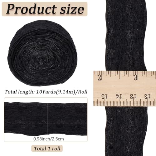 GORGECRAFT 25mm Black Crinkle Wired Edge Polyester Ribbon for DIY Crafts