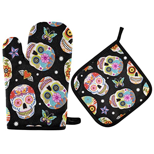 Oven Mitts Set Mexican Sugar Skulls Pot Holders Retro Halloween Kitchen Oven Glove Baking Mitts 2PCS Cooking Stove Gloves Potholders Heat Pads for Grilling BBQ