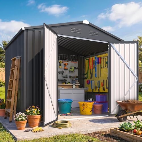 AECOJOY 6 x 8 Outdoor Metal Storage Shed, Heavy Duty Outside Tool Storage Shed with Lockable Double Hinged Door, Waterproof Small Shed for Bike, Lawn Mower & Garden Tools, Patio & Yard - Dark Grey