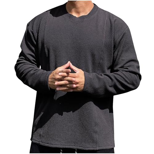 Men's Long Sleeve Shirts Ribbed Pullover Shirt Losse Fit Thermal Tops Crew Neck Stretchy Shirts Comfy Outdoor Shirt