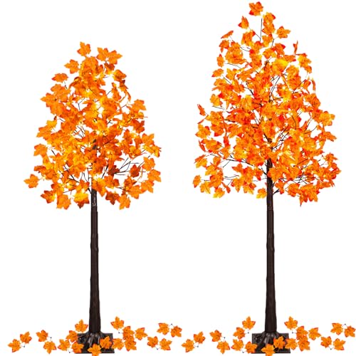 VIVATREES 2Pack 5FT+6FT Artificial Lighted Maple Tree, Light Up Fall Tree with 216 LED Warm White...