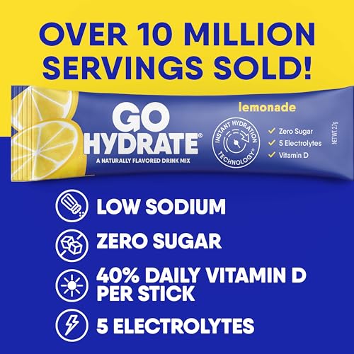 Image of GoHydrate Low Sodium Electrolytes Powder Sugar Free - Lemonade 30 Count | Instant hydration daily drink mix; water flavor packet singles with Vitamin D