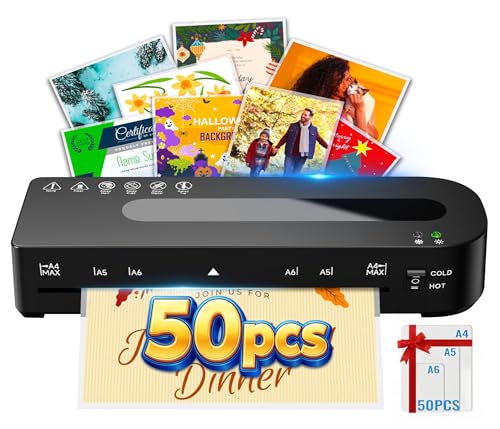 MAXDONE Laminator Machine A4 Laminator - Laminator Machine with 50 Laminating Pouches Cold and Thermal Laminator A4/A5/A6, Laminating Machine 80-125 Mic and 90s Warm Up for School Home Office (Black)