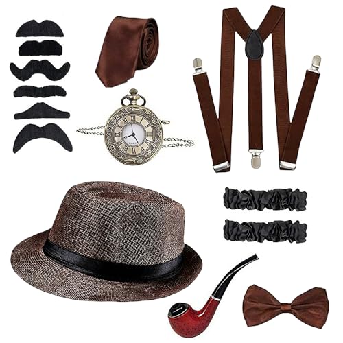 WDKXCN Disfraz de los años 20 para hombre, accesorios de los años 20, traje para hombre con sombrero, pajarita y tirantes, reloj de bolsillo, barbas, disfraz de mafia para carnaval, Halloween y