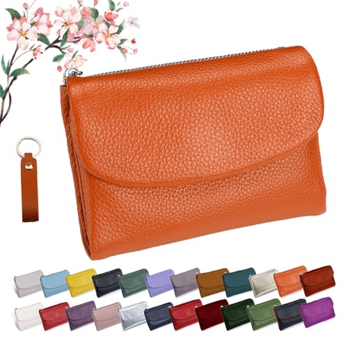 Unisex Pebble Leather Wallet, Soft Pebble Leather Wallets for Women, Short Genuine Leather Purse for Coins and Cards, Small Compact Bifold Pocket Purse Multicolor for Men & Women (Orange)