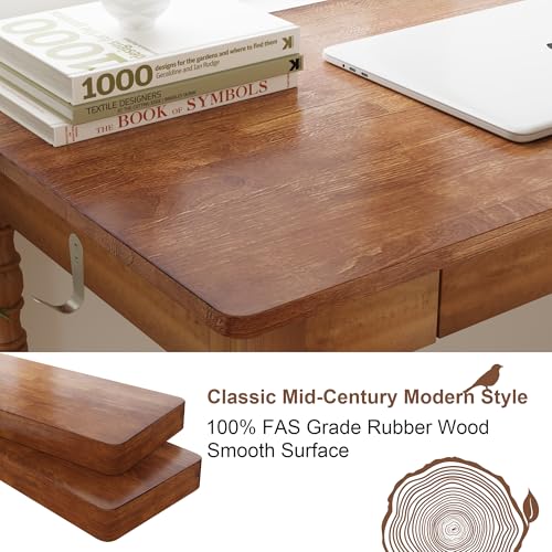 Image of 100% Solid Wooden Desk with Drawers - 31.5 inch Mid Century Modern Desk with 2 Hooks, Vintage Writing Desk with Drawers, Simple Work Study Table for Bedroom & Home Office - Walnut Color