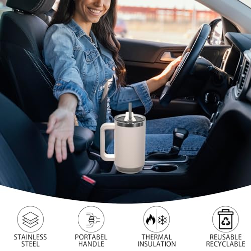 Image of 30 oz Tumbler with Handle,Tumbler with Lid and Straw,Double Wall Insulated Cup Stainless Steel Travel Mug(Cold for 34 Hours),Water Bottle for Iced Tea,Coffee,Cold Beverages(Ivory Beige)
