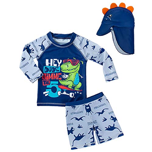 Kinder Junge Bademode Zweiteiliger Badeanzug UV-Schutz Bade-Set Langarm T-Shirt Badeshorts mit Badekappe 2XL Cover