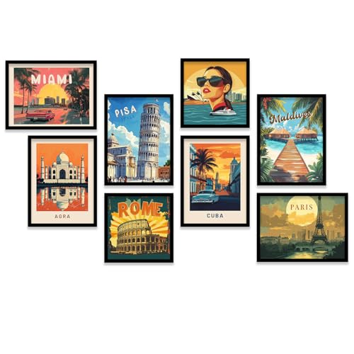 Image of kotart Retro Travel Theme - Modern Art City Vibes Wall Decor Photo Frames - Framed Posters - Wall Poster with Frame for Room Office Living Room Hotel Home Decor Set of 8 (Art 5, Big(13x17 or 13x13 inch), Framed)