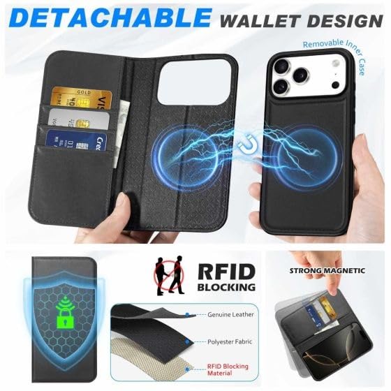 Image of WHITBULL Flip Case Detachable Leather Wallet Cover Removable 2 in 1 Smart Case for iPhone 17 Pro Max (Black)