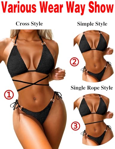 Image of Women Bikini Set Metal Ring Two Piece Swimsuit | Various Wear Way,High Elasticity Breathable Fabric,Cross Strap Design Bathing Suit Swimwear