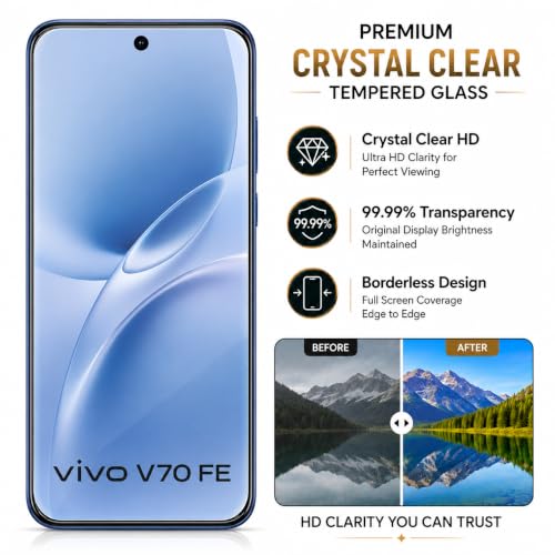 Image of ArmourPro 3D Borderless Tempered Glass for Vivo V70 FE, HD Clear Curved Edge to Edge Screen Protector, 9H Hardness, Oleophobic Coating, Case Friendly | Pack of 1