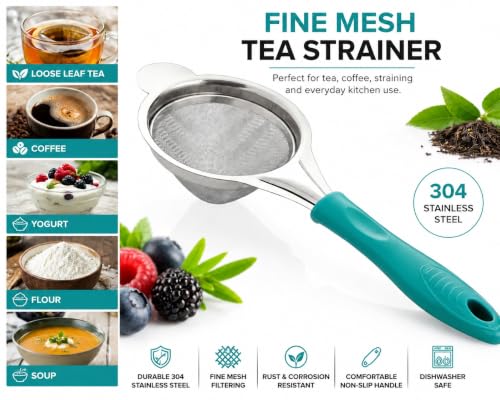 Image of Stainless Steel Kitchen Strainer with Fine Mesh Filter and Comfortable Handle, Tea Coffee Sieve for Flour, Juice, Cooking and Everyday Kitchen Use 1 Pcs (Light Green)