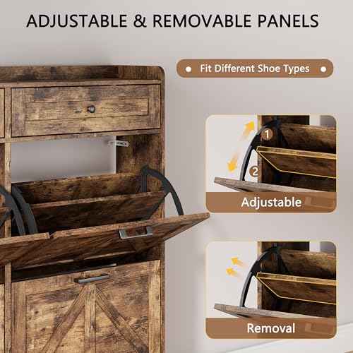 Image of Shoe Cabinet with 3 Flip Drawers & 2 Top Drawers, 57 inch Tall Freestanding Narrow Wooden Shoe Storage Organizer for Entryway, Hidden Slim Shoe Rack for Front Door Entrance, Hallway, Living Room, Brown