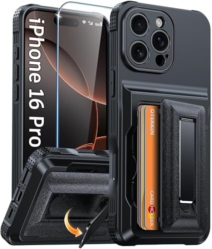 Oterkin for iPhone 16 Pro Wallet Case [4-5 Card Holder] [Metal Kickstand] [Screen Protector][Full Camera Protection][RFID Blocking]Rugged Shockproof Protective Phone Case for iPhone 16 Pro 6.3 Black