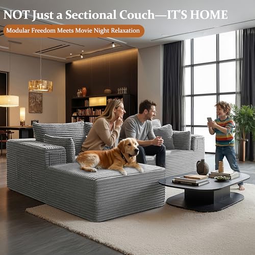 Image of 108 inch Oversized Cloud Sectional Couch, Comfort L Shaped Boneless Couch for Living Room, Extra Deep Seats No Assembly, Minimalist Modular Sofa, Corduroy (Light Grey, 2 Seater+Left Facing Chaise)