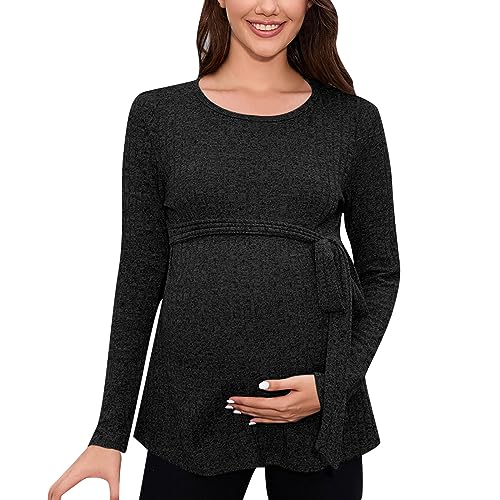 Pantalones de maternidad negros para mujer, camiseta de maternidad con dobladillo inferior irregular, informal, manga larga, cuello redondo, camiseta básica para lactancia, jersey de manga larga de