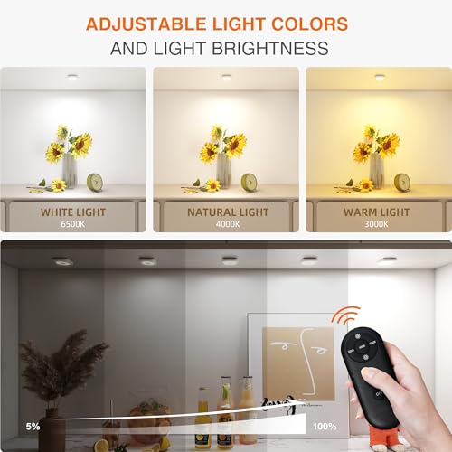 Image of Rechargeable Mini Puck Lights with Remote Control, Ultra-thin Tap Light with Adjustable Brightness (10%-100%) & 3 CCT (3000K /4000K /6500K), Perfect for Hallway, Stairway, Closet(6 Pack, White)