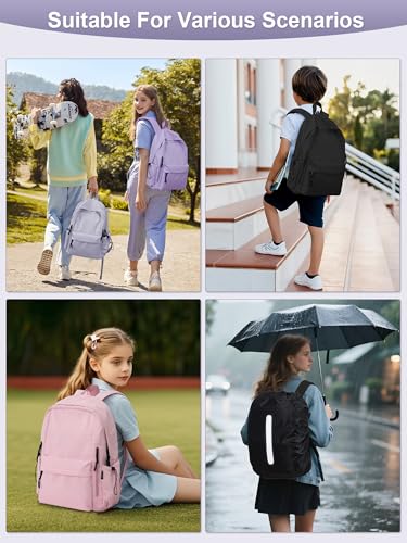 FIORETTO Backpack Womens School Bag Girls Boys, Lightweight Water-Resistant Fits 15.6” Laptop Large Capacity Rucksack with Rain Cover, Ideal for School College Commuting Travel Black - Image 3