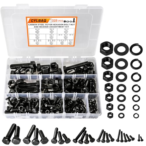 CYLBAQ 328PCS Hex Head Screws Bolts Nuts and Washers Set Kit, M3 M4 M5 M6 M8 M10 M12 Outer Hexagonal Screw Assortment Set
