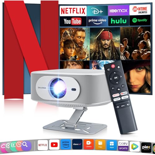 Salange Projector 【Official Netflix 】 1080P built-in supports 4K projectors, with WiFi and Bluetooth 5.2【Electronic Focus & Auto Correction】, OneClick Use Built-in Netflix/YouTube/PrimeVideo/D+