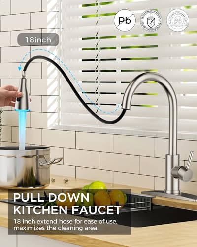 Image of FORIOUS LED Kitchen Faucet with Pull Down Sprayer, Brushed Nicke Single Handle Stainless Steel Traditional Sink Faucets with LED Light Sprayer Head, Suitable for Farmhouse Laundry Camper Rv Bar