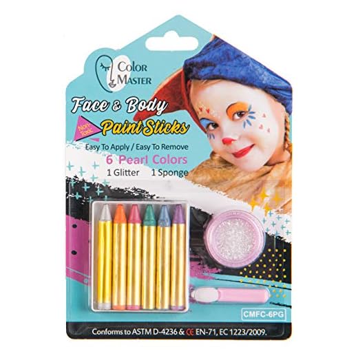 ColorMaster Face Paint Crayons Kits for Kids– 6 Pearl/Metallic Colors, Body Painting Set Including 6 Colors Crayon, 1 Glitter, 1 Sponge, Non-Toxic and Paint for Halloween Makeup