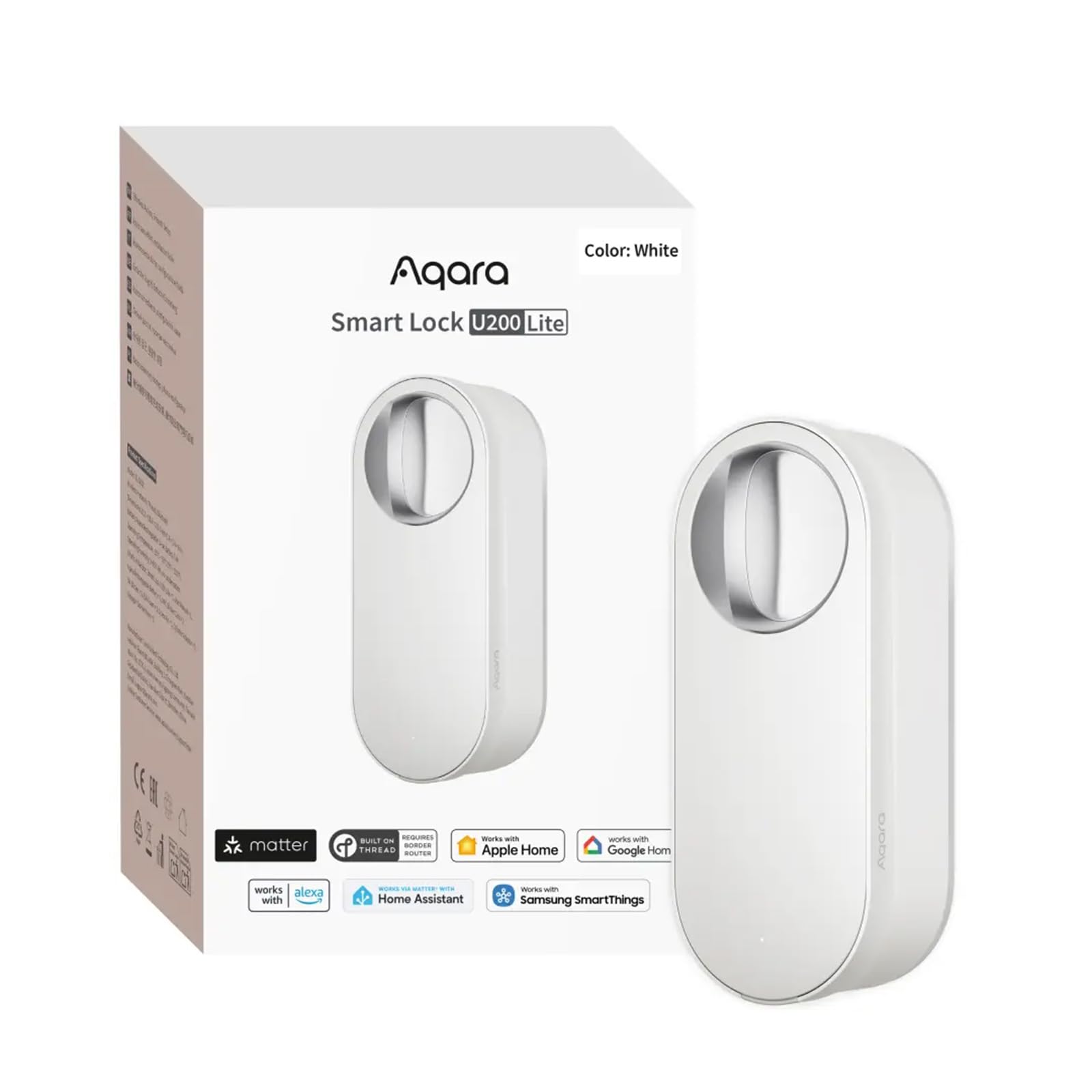 Aqara Cerradura Inteligente U200 Lite, Matter over Thread, Modo Silencioso, Bloqueo Automático, Acceso Remoto, Batería Recargable, Compatible con Apple Home, Alexa, Blanco