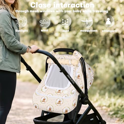 Image of Hooyax Baby Car Seat Cover with Dual Zipper, Extra Large Mesh Window Carseat Canopy, All-Season Weather Protection for Infant Car Seats & Strollers (Bear)