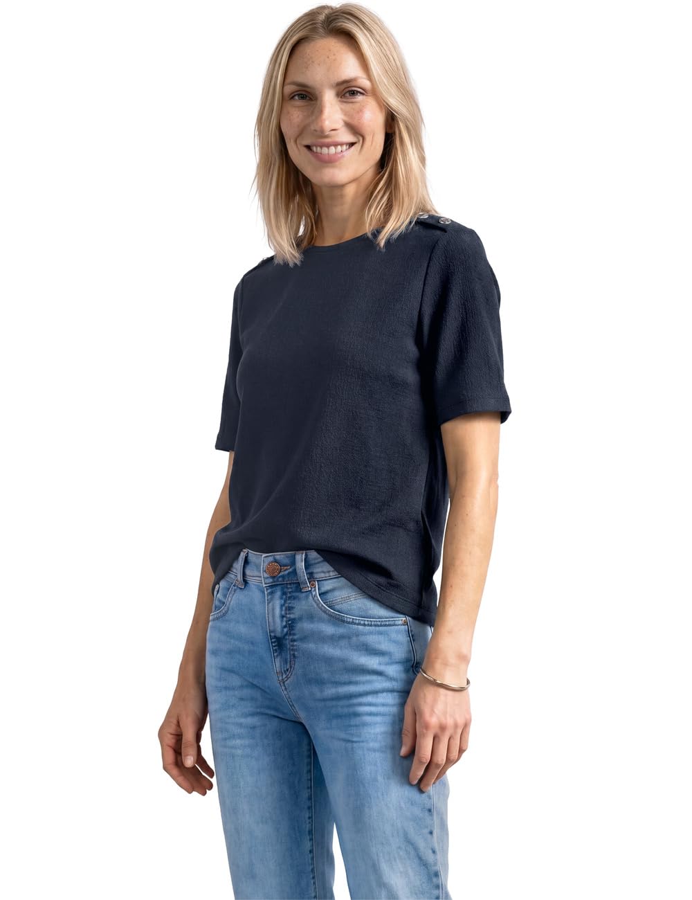 Street One Darkest Blue 42 Crew Neck T-Shirt with Button Detail