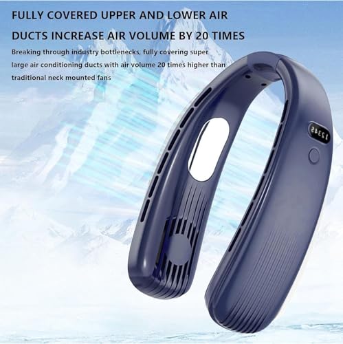 Image of One94Store Portable Bladeless Hanging Neck Fan - Modern Design, 12 Air Outlets, 2400mAh Rechargeable Battery, USB Powered, 5-Speed Hands-Free Cooling Fan, Up to 6 Hours Use for Indoor&Outdoor (Blue)