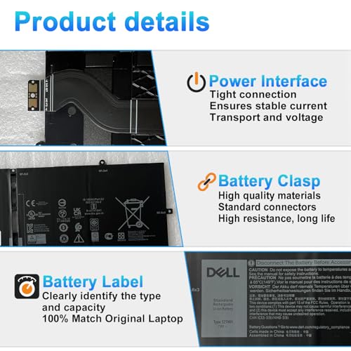 Image of 51Wh 52TWH Laptop Battery Replacement for Dell XPS 13 7390 2-in-1 Series Notebook P103G P103G001 P103G002 MM6M8 0MM6M8 XX3T7 0XX3T7 7.6V 4-Cell