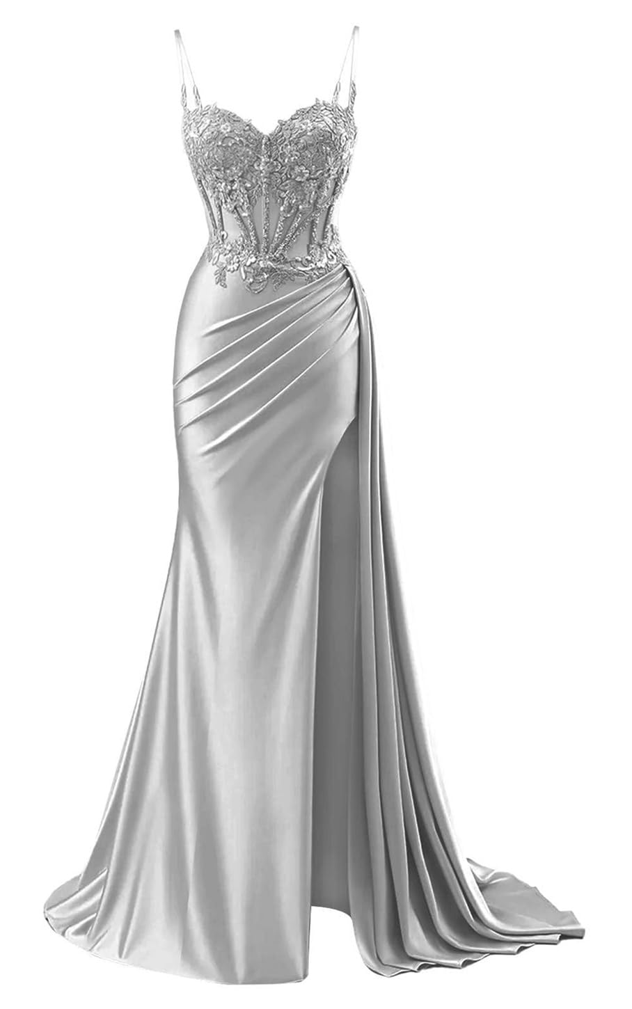 Yiann Women's Silver Satin Mermaid Prom Dresses For Long Ball Gown Spaghetti Strap Evening Gown With Slit Uk16