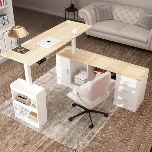 Homsee Home Office L Shaped Electric Standing Desk with Drawers and Shelves, Height Adjustable Stand up Desk, 63" Computer Executive Corner Table, Oak & White - Thumbnail 2