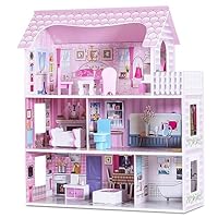 GYMAX Kids Dollhouse, 3-Storey Wooden Dolls House with 5 Simulated Rooms & Furniture Accessories, Large Pink Doll House for 3 Years Old+ Girls Boys (62x27x70cm)