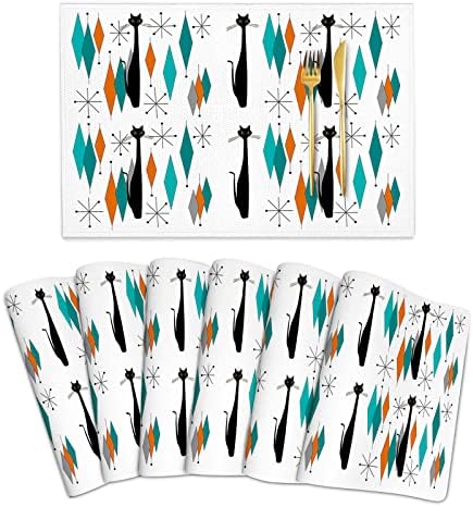 Mid Century Modern Black Cat Placemats Set of 6, 12x18in Linen Retro Place Table Mat Washable Non Slip Heat Resistant for Kitchen Wedding Christmas Dinner Parties Home Decor