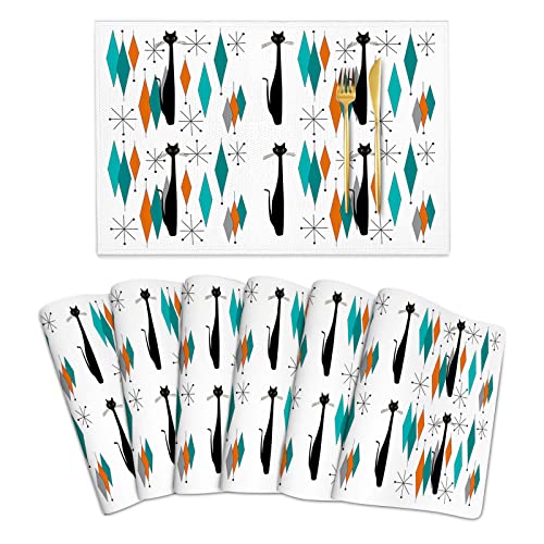 Mid Century Modern Black Cat Placemats Set Of 6, 12X18In Linen Retro Place Table Mat Washable Non Slip Heat Resistant For Kitchen Wedding Christmas Dinner Parties Home Decor #TOP3