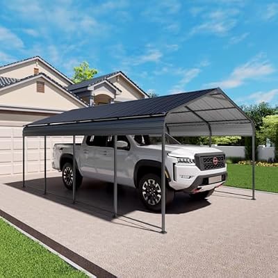 12x20 FT Heavy Duty Metal Carport, Galvanized Steel Roof Car Port Shelter with Reinforced Base, Outdoor Car Canopy for Cars, Trucks, Boats, Weather Resistant Garage Storage Shelter