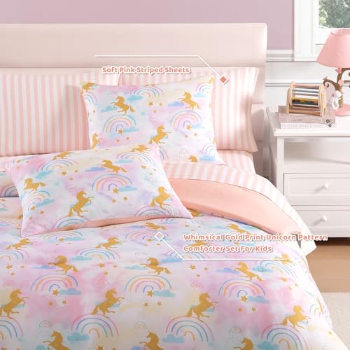 Twin Comforter Set with Sheets for Girls-5 Pieces Twin Bedding Sets with Pink Comforter, Sheets, Pillowcase & Sham for Kids (Gold Unicorn, 66" X 86")