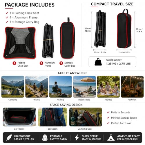 Image of Heavy-Duty Folding Camping Chair with Carry Bag, Breathable Mesh Seat and Lightweight Aluminum Alloy Frame, Easy 60-Second Setup with Anti-Slip Feet for Hiking, Fishing, Picnics, Outdoor (Black /Red)