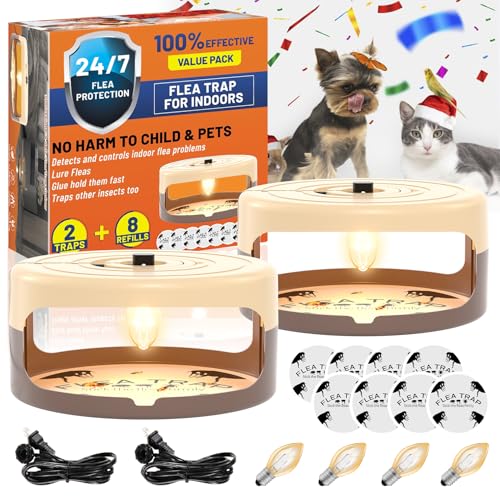 2 Pack Flea Traps for Inside Your Home, Indoor Flea Light, Bed Bug Killer with 8 Sticky Pads & 4 Light Bulb, Odorless Natural Insect Infestation Treatment Trap for Kid Pet
