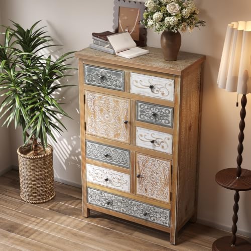 Image of Vintage Carved Accent Cabinet with 7 Drawers, Solid Wood Storage Sideboard for Living Room, Dining Room & Hallway, 47.44 inch Tall