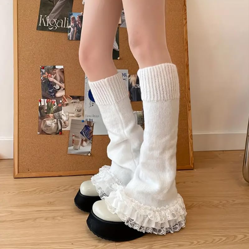 1 Pair Women's Ruffled Lace Trim Leg Warmers, Sweet And Cute Knee High Socks, Lace Trim And Ruffled Design3